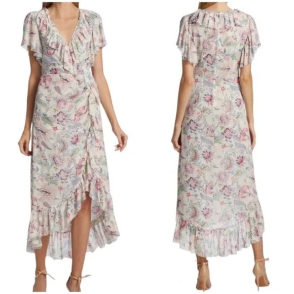 CINQ À SEPT Sheilla Floral Ruffle Midi Dress Size 6 Plunging V-Neck Flounce - Picture 2 of 9